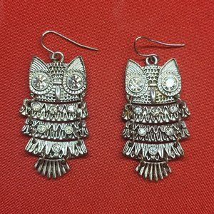 VTG Owl Dangling Earrings Clear Rhinestones Three Tiered